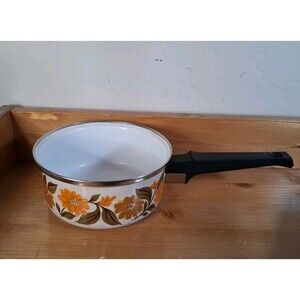 CAPRI Gourmet Cookware SPAIN Sauce Pan 70s flowers Porcelain enamel No Lid 6x3"
